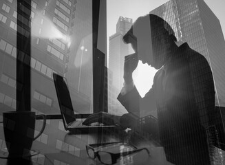Tired businessman dealing with mental health problems, stress, fatigue, difficulty at work 