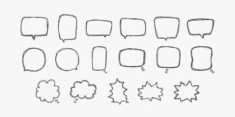 A collection of simple lines hand drawn speech bubbles in various shapes. Set of simple of hand drawn speech bubbles in various sizes and shapes. Set of simple lines hand drawn speech bubbles