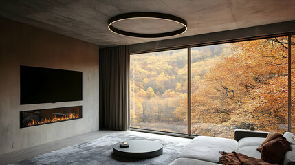 Modern Living Room Showcases a Cozy Fireplace and Scenic Autumn View Through Large Windows, Perfect for Relaxation.