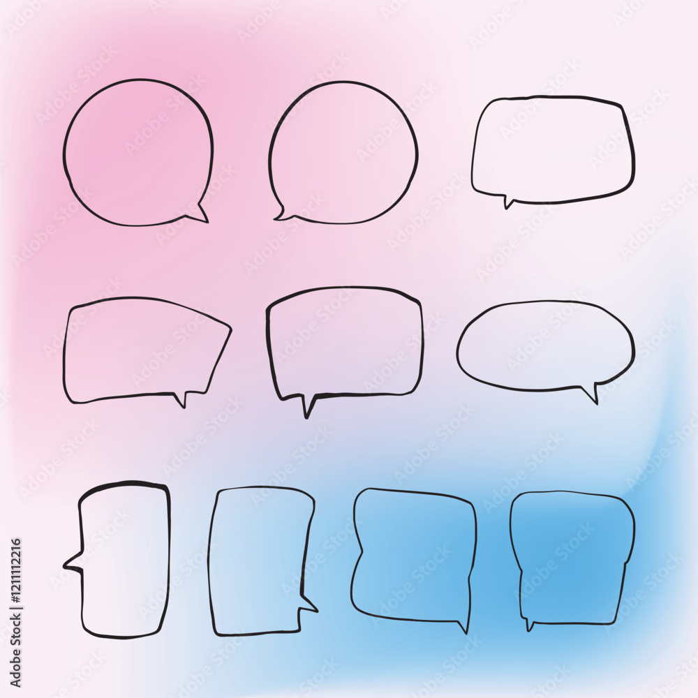 Poster set of simple lines hand drawn speech bubbles in various shapes gradient background. set of simple o