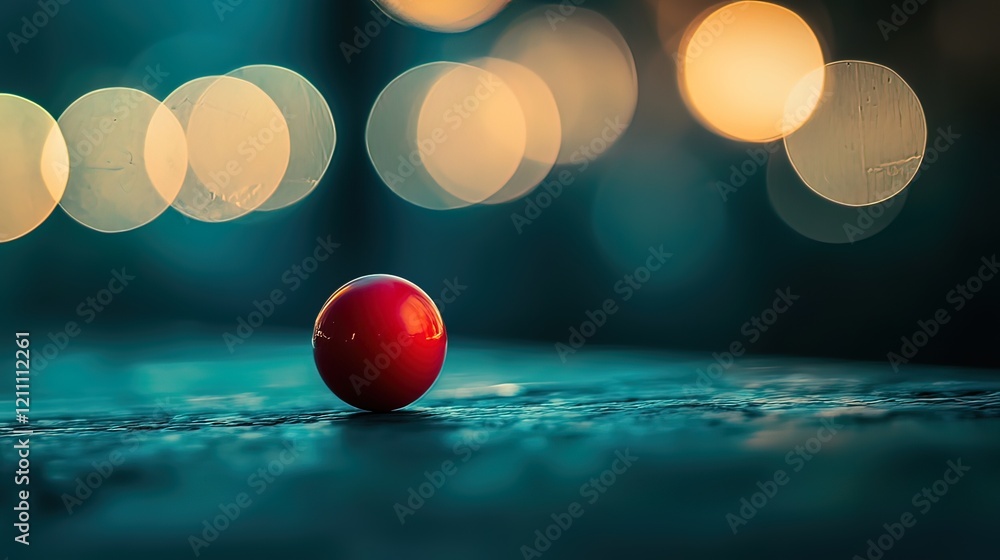 Poster single red sphere on dark surface with bokeh lights.