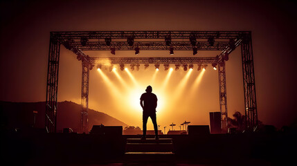 Fototapeta premium Silhouetted Performer Stands on Stage Under Lights at Sunset during an Outdoor Concert.
