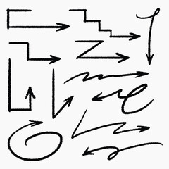 Set of simple lines hand drawn black arrows in various style. Set of simple of hand drawn black arrows. Set of simple lines hand drawn black arrows. Various of simple lines arrows collection