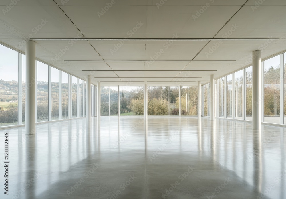 Poster empty modern office space with large windows and scenic view.