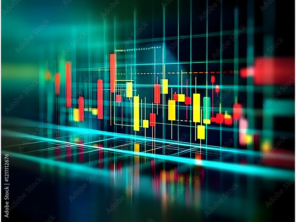Poster abstract financial chart shows market data fluctuations with colorful bars and grid lines reflecting