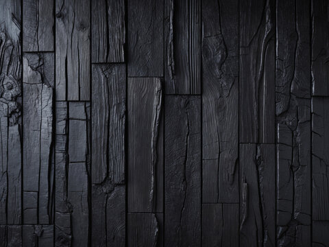 Close-up of textured black charred wood panels with intricate cracks and natural patterns.