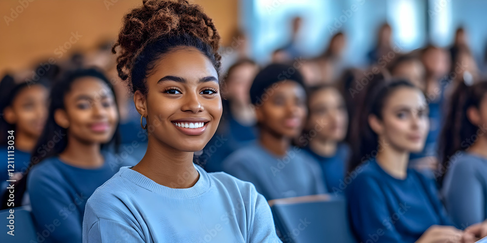 Poster smiling student sits attentively in a lecture hall with peers, engaged in learning seminar
