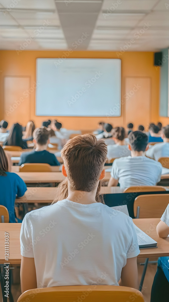 Aufkleber students sit in classroom attending a lecture with projector screen displayed prominently.