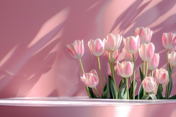 Elegant Pink Tulips in Pot with Soft Background Shadows and Light