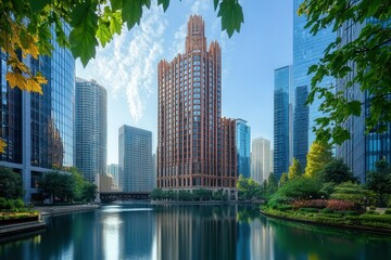 Fototapeta premium Chicago River, sunrise, skyscraper, reflection, park