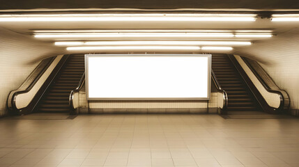 Obraz premium Blank Billboard Mockup in Subway Station with Escalators and Tile Floor Displaying Advertisement Space
