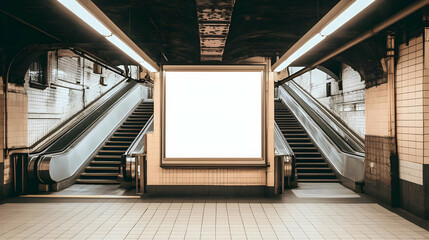Fototapeta premium Blank Billboard Advertisement Between Escalators in a Subway Station Display with Tile Walls
