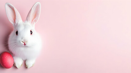 Fototapeta premium White Rabbit Sits Next to a Pink Easter Egg on Pink Background for Spring Celebration