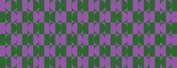 Geometric vector background with a purple and green color scheme. The background with a repetitive circular pattern with purple and green hues. Green retro geometric pattern banner background vector.