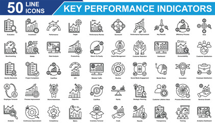Key Performance Indicators Icon Set Collection. Containing Evaluation, Investment, Performance, KPI, Target, Improvement, Quality Standards, Routine, innovation. Simple Line Vector Illustration.