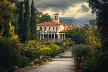Naklejka premium Hillside villa garden steps sunset travel