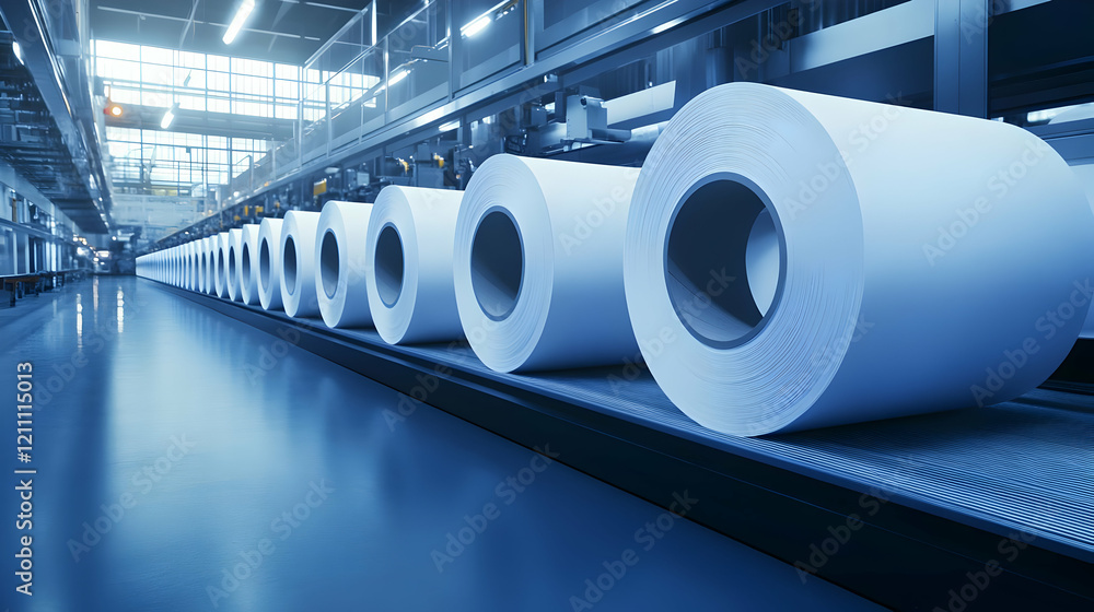 Poster large rolls of paper move on conveyor belt in factory production efficiently and precisely