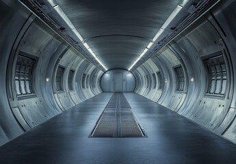 Futuristic spaceship corridor; long, metallic, cylindrical hallway with windows and a door at the end.