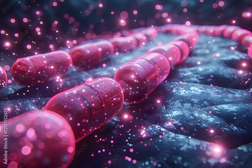 Poster glowing pink spherical particles arranged in curved line against dark blue background with bokeh eff