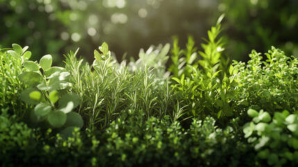 Lush Herbal Garden with Rosemary and Thyme Thriving in Warm Sunlight