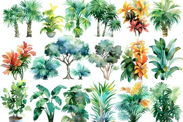 Watercolor tropical plants collection with palm trees, exotic flowers and foliage perfect for botanical illustrations, wedding invitations and nature-inspired designs.