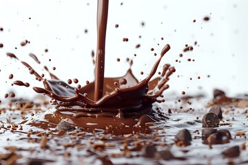 Fototapeta premium Dynamic chocolate splash with liquid pouring and creating crown-shaped splatter, surrounded by scattered cocoa beans on reflective surface. Perfect for food advertising and packaging design.