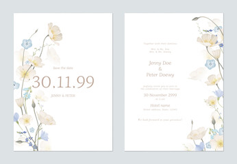 Save the date and wedding invitation template set of delicate wildflowers and white California Poppy flowers on a white background, adding a touch of nature and elegance