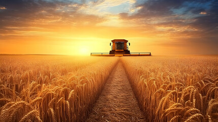 Fototapeta premium Combine Harvester Works in Wheat Field at Sunset Creating a Path Through Golden Crops.
