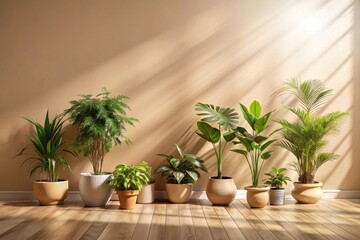 Sunlit Indoor Greenery A Collection of Houseplants in Earthenware Pots Basking in Warm Sunlight on a Light Wooden Floor Against a Neutral Wall