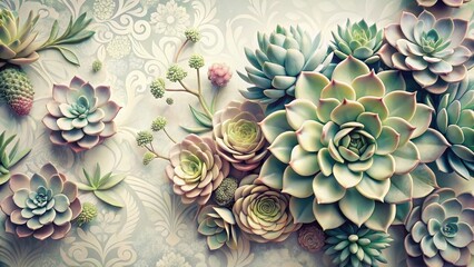 Fototapeta premium A lush arrangement of succulents, exhibiting a diverse range of textures and subtle color variations, artfully positioned against an elegant, ornate backdrop.