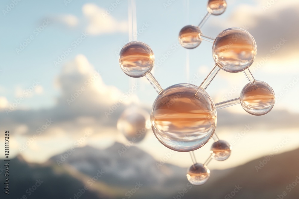 Poster abstract molecular structure with clouds and mountains in the background.