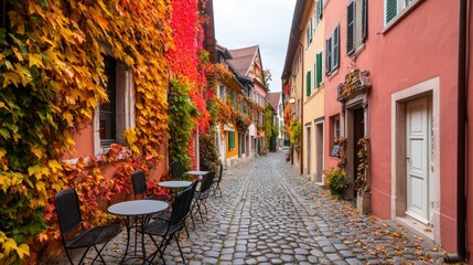 Complexity structure and sophisticated, A quaint cobblestone street lined with colorful autumn leaves and charming houses creates a picturesque and inviting atmosphere.