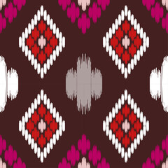 Colorful geometric pattern with red, pink, and white shapes on brown background. Ideal for textiles or wallpapers