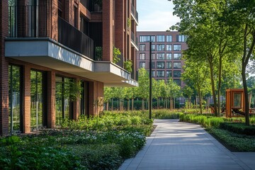 Modern apartment, landscaped path, city, sunny
