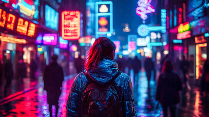 Obraz premium Crowded Cyberpunk Street with Neon Glow,