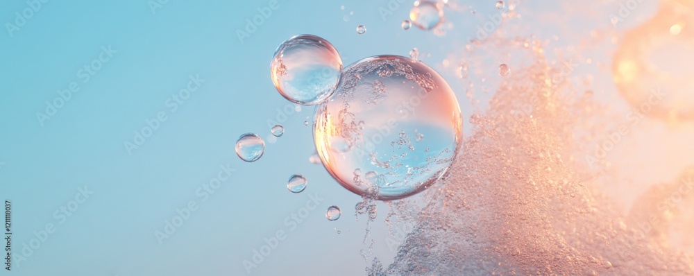 Poster bubbles floating in a tranquil blue background with soft lighting.