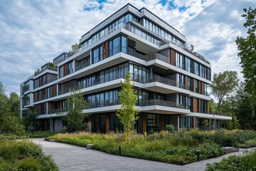Modern apartments, green park, city view, sunny day, real estate