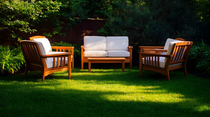 Wooden Patio Furniture Set Creates a Relaxing Outdoor Oasis in a Lush Green Garden