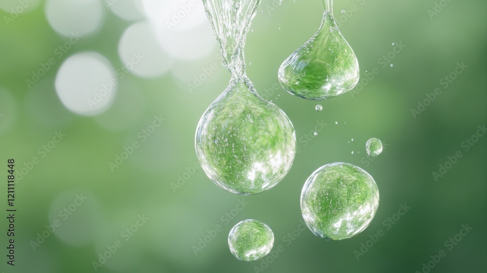 Poster droplets with green elements and soft bokeh background.