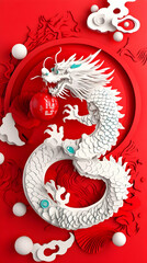 White Paper Dragon Holds Red Orb on Red Background with Clouds and Spheres