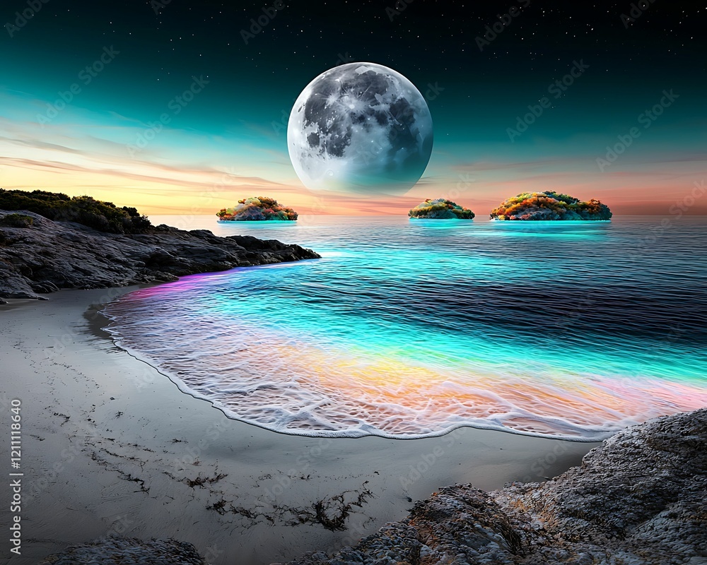 Wall mural a serene beach scene under a glowing full moon, with vibrant waves and distant islands, creating a t