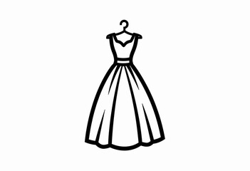 Solid Black Line Ball Gown Icon: Minimalist Wedding Dress Symbol, Elegant Silhouette on White Background, Bridal Fashion, Simple and Modern, Stock Vector Illustration.

