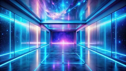 Futuristic Corridor with Neon Lights and Cosmic Ceiling Reflecting on Gleaming Floor
