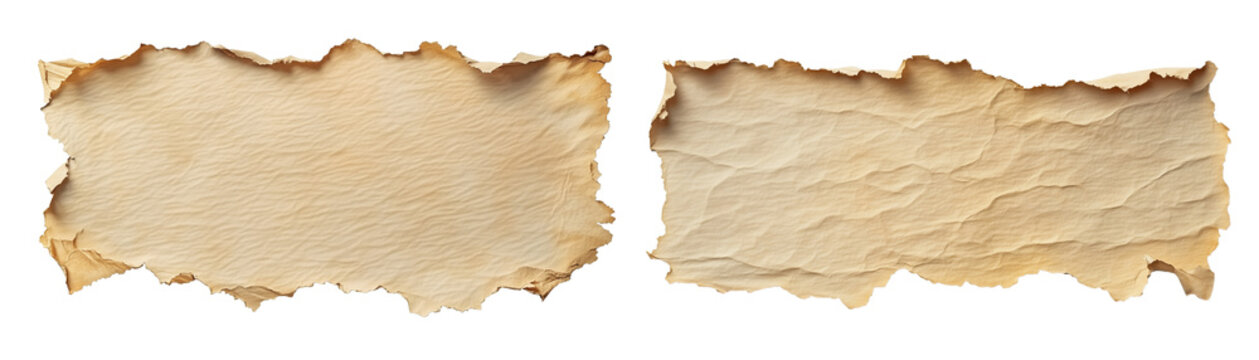 Realistic torn parchment paper with textured beige surface, isolated on transparent background, suitable for vintage or treasure map designs