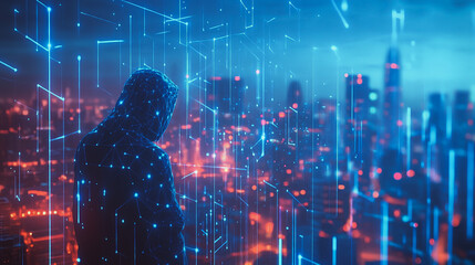 Fototapeta premium Hacker are planning to hack and attack networks and cyber security systems.Smart digital city with connection Innovation network reciprocity over the cityscape