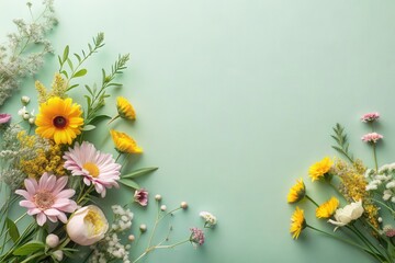 Fototapeta premium A vibrant arrangement of spring blossoms and delicate greenery on a soft pastel background, ideal for springtime celebrations or seasonal announcements.