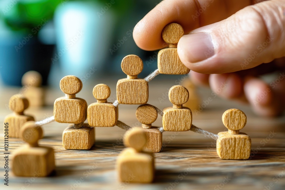 Aufkleber connecting the dots: a hand carefully arranges wooden figures, each representing an individual, conn