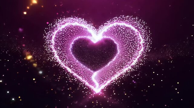 glowing heart shape made of sparkling light particles pulsating in an abstract love themed animation designed as a seamless video looped motion background