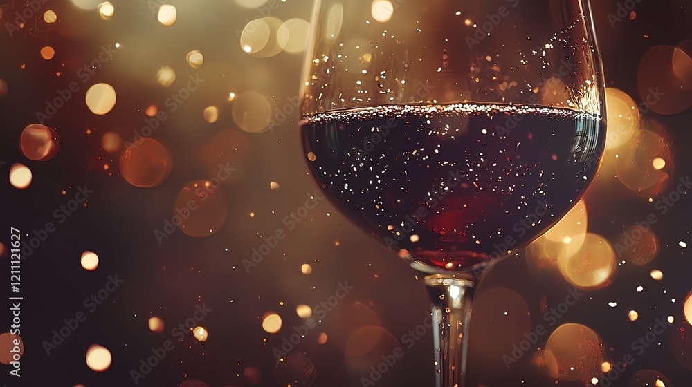 Poster close-up of a glass of red wine with sparkling bubbles against a bokeh background.