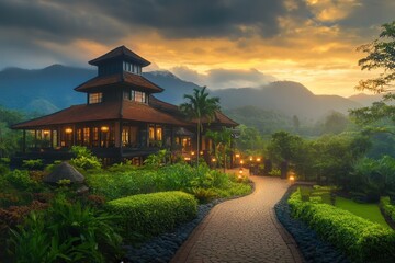 Obraz premium Mountain resort sunset path garden